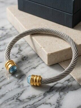 18k Gold Plated 316L SS Twisted Rope Cuff Bangle Light Blue Crystal 2.5"